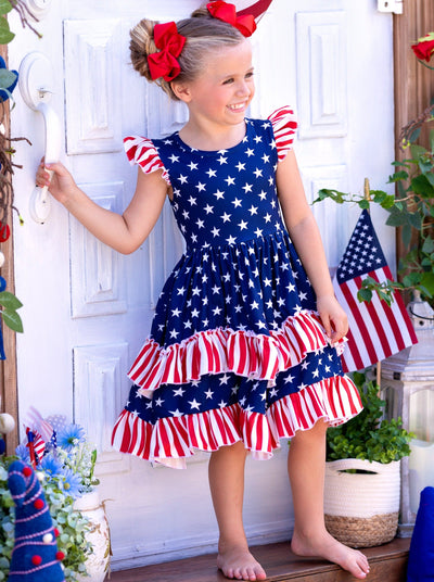 Girls 4th of July Dress | Flutter Sleeve USA Flag Tiered Ruffle Dress