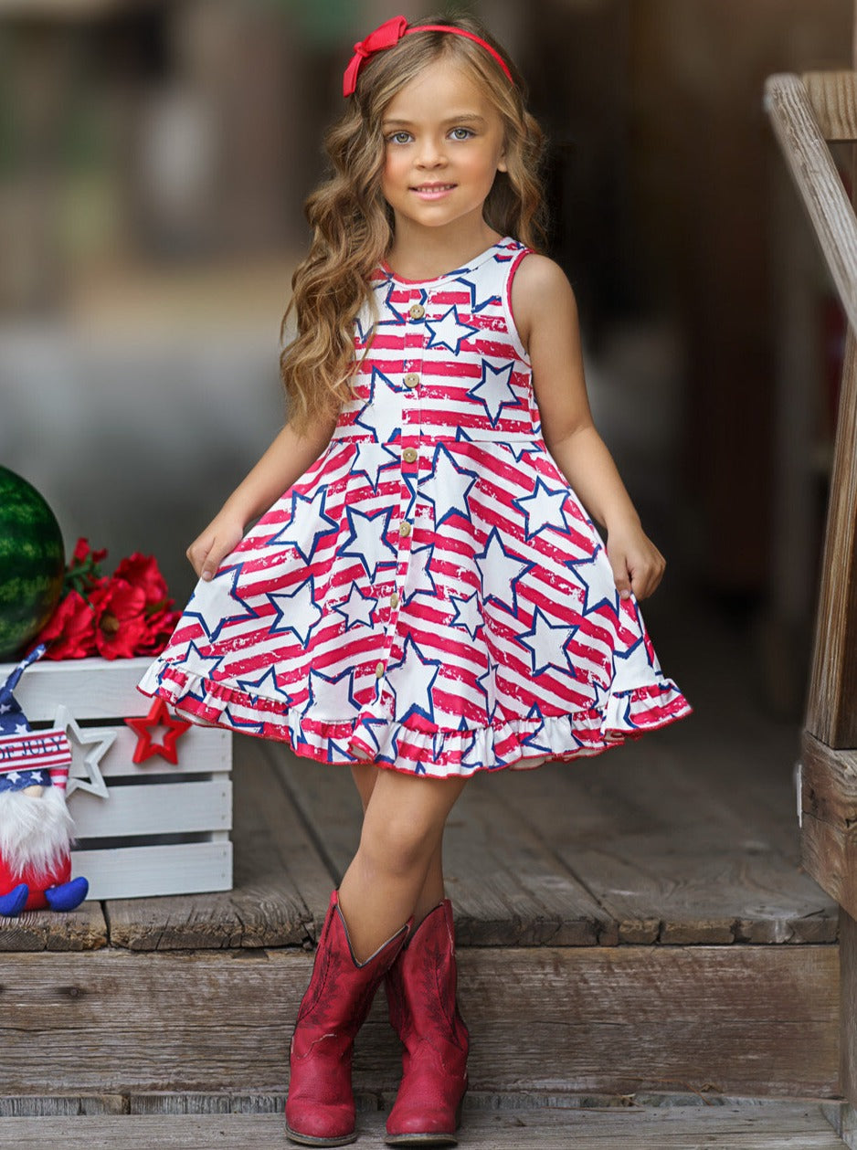 Kids 4th Of July Outfits | Girls Stars & Stripes Ruffle Tank Dress