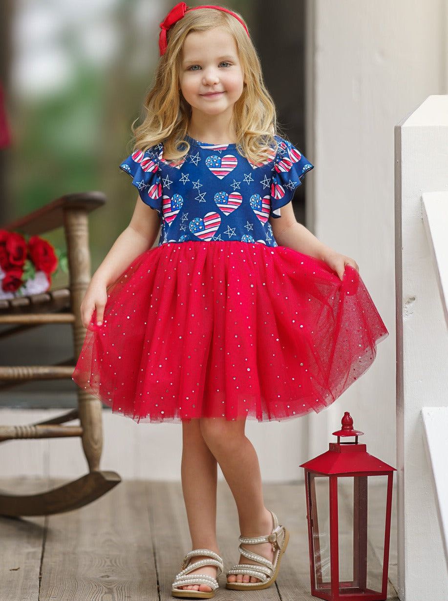 Girls 4th Of July Dresses | US Flag Heart Sequin Sparkle Tutu Dress