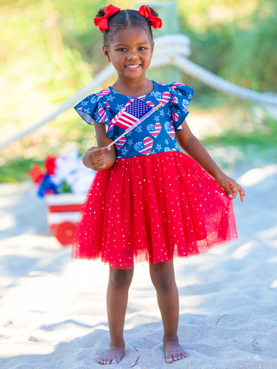 Girls 4th Of July Dresses | US Flag Heart Sequin Sparkle Tutu Dress