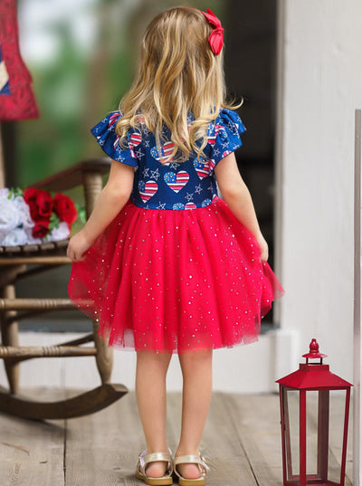 Girls 4th Of July Dresses | US Flag Heart Sequin Sparkle Tutu Dress