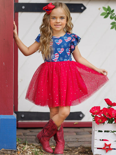 Girls 4th Of July Dresses | US Flag Heart Sequin Sparkle Tutu Dress
