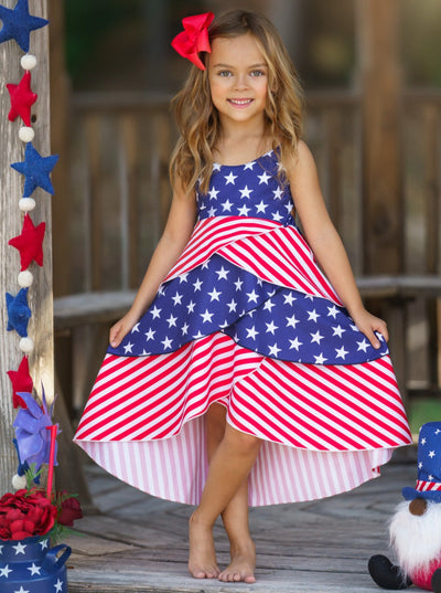 Girls 4th of July Dresses | Sleeveless US Flag Tiered Hi-Lo Dress