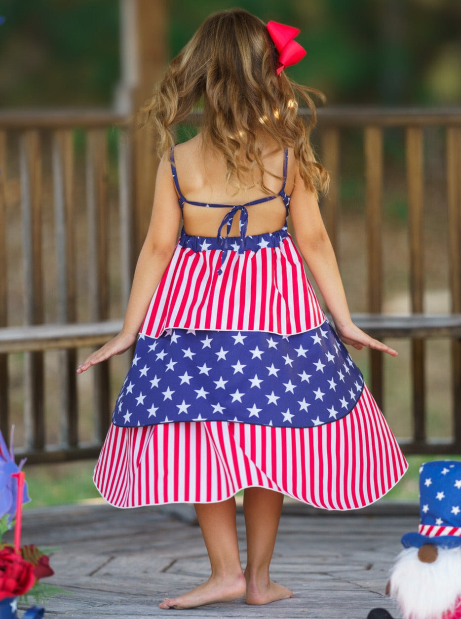 Girls 4th of July Dresses | Sleeveless US Flag Tiered Hi-Lo Dress