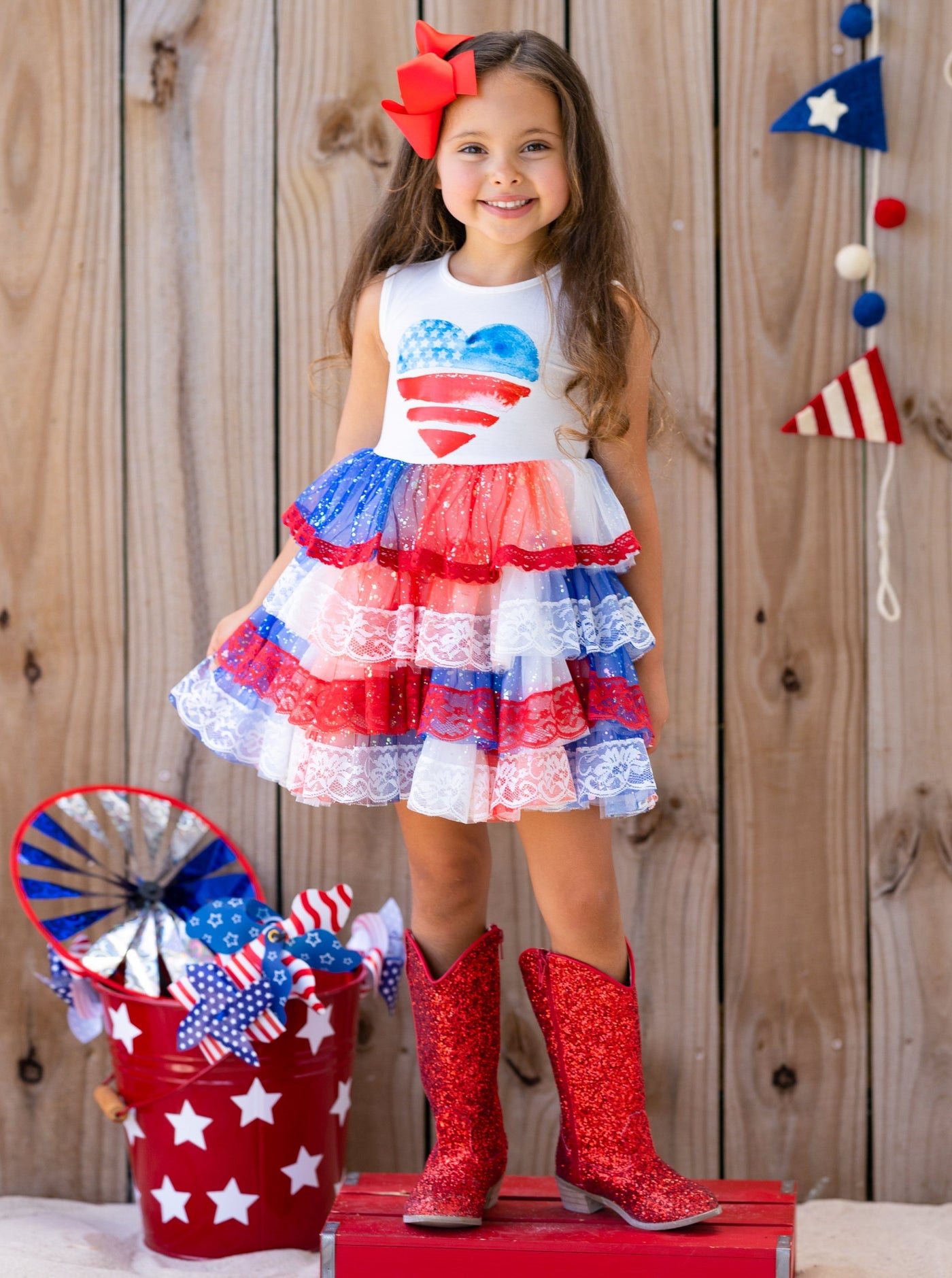 Girls 4th Of July Dresses | USA Heart Lace Tiered Sparkle Tutu Dress