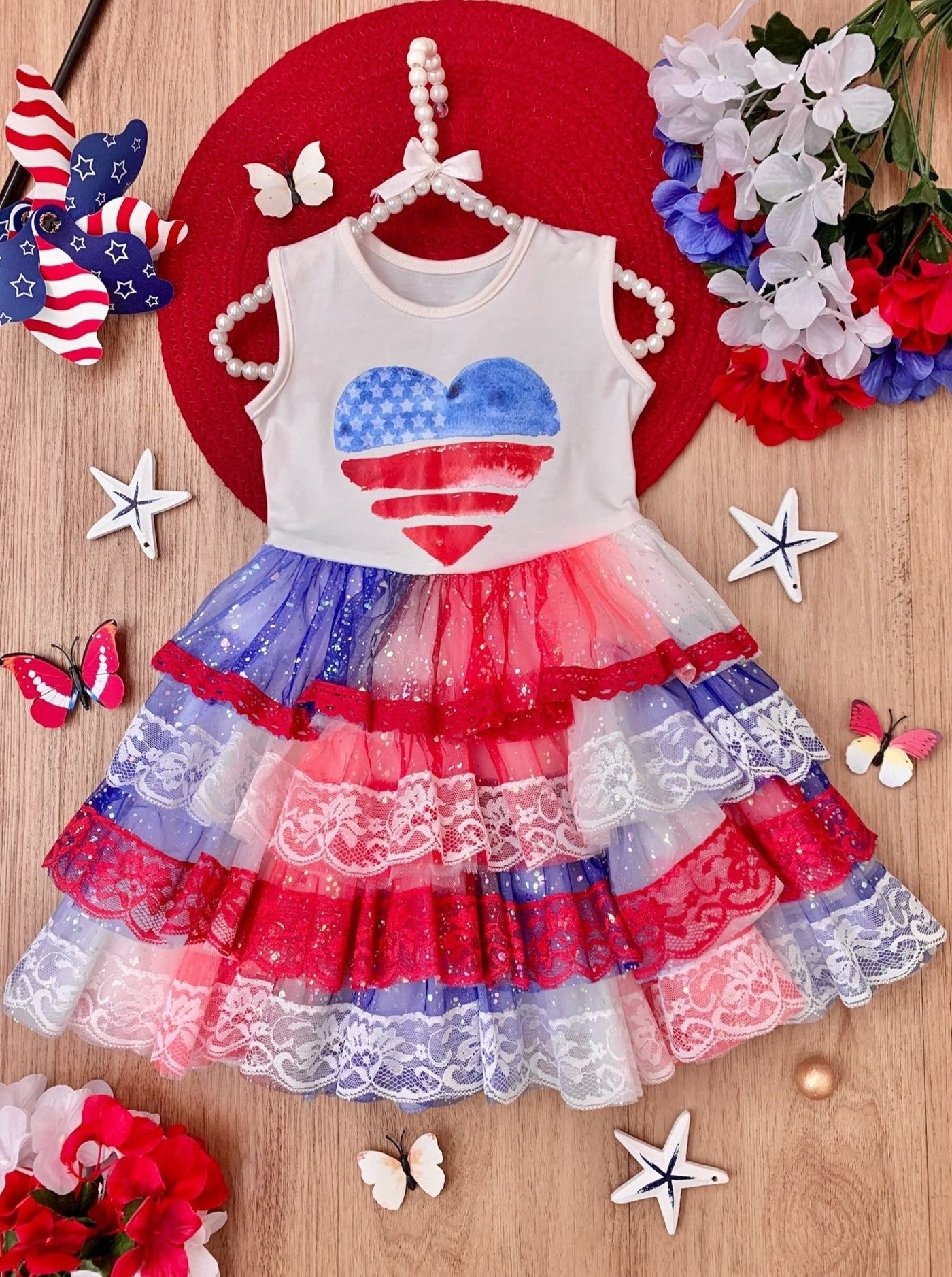 Girls 4th Of July Dresses | USA Heart Lace Tiered Sparkle Tutu Dress