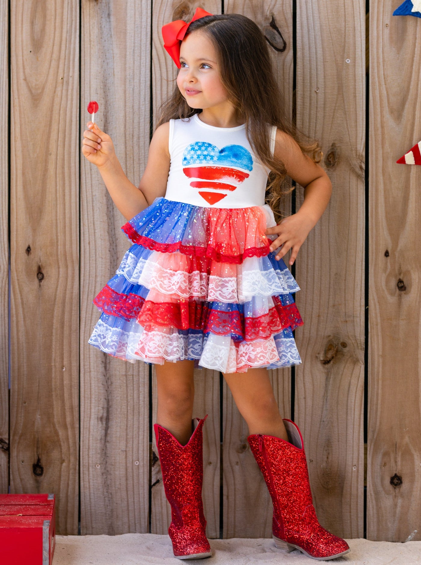 Girls 4th Of July Dresses | USA Heart Lace Tiered Sparkle Tutu Dress