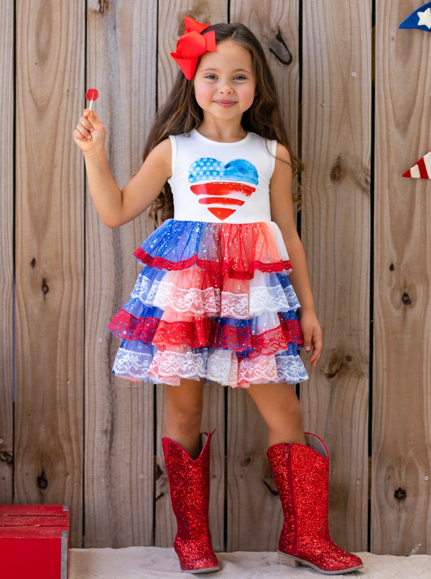 Girls 4th Of July Dresses | USA Heart Lace Tiered Sparkle Tutu Dress