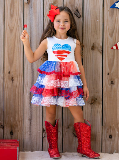 Girls 4th Of July Dresses | USA Heart Lace Tiered Sparkle Tutu Dress