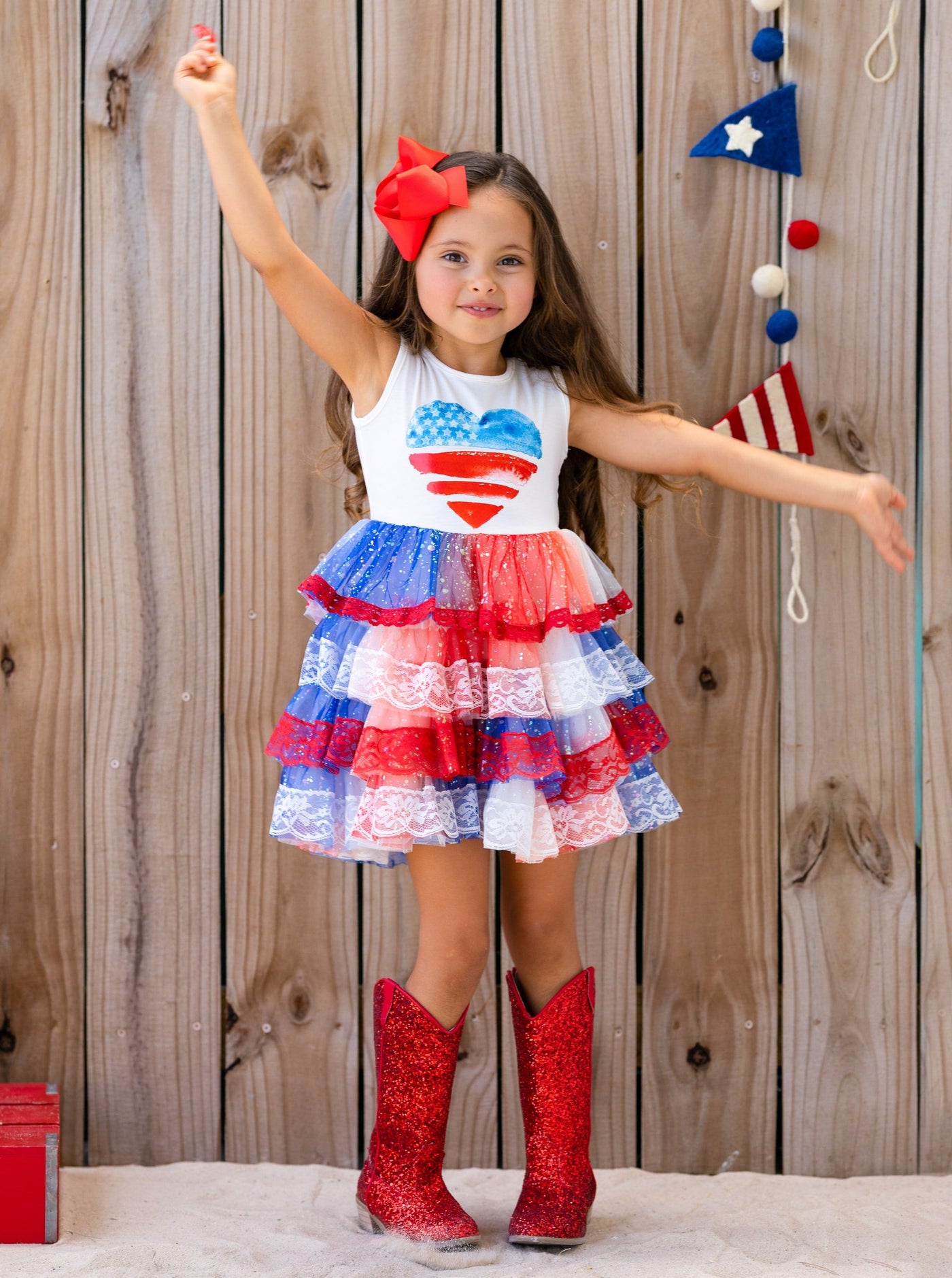 Girls 4th Of July Dresses | USA Heart Lace Tiered Sparkle Tutu Dress
