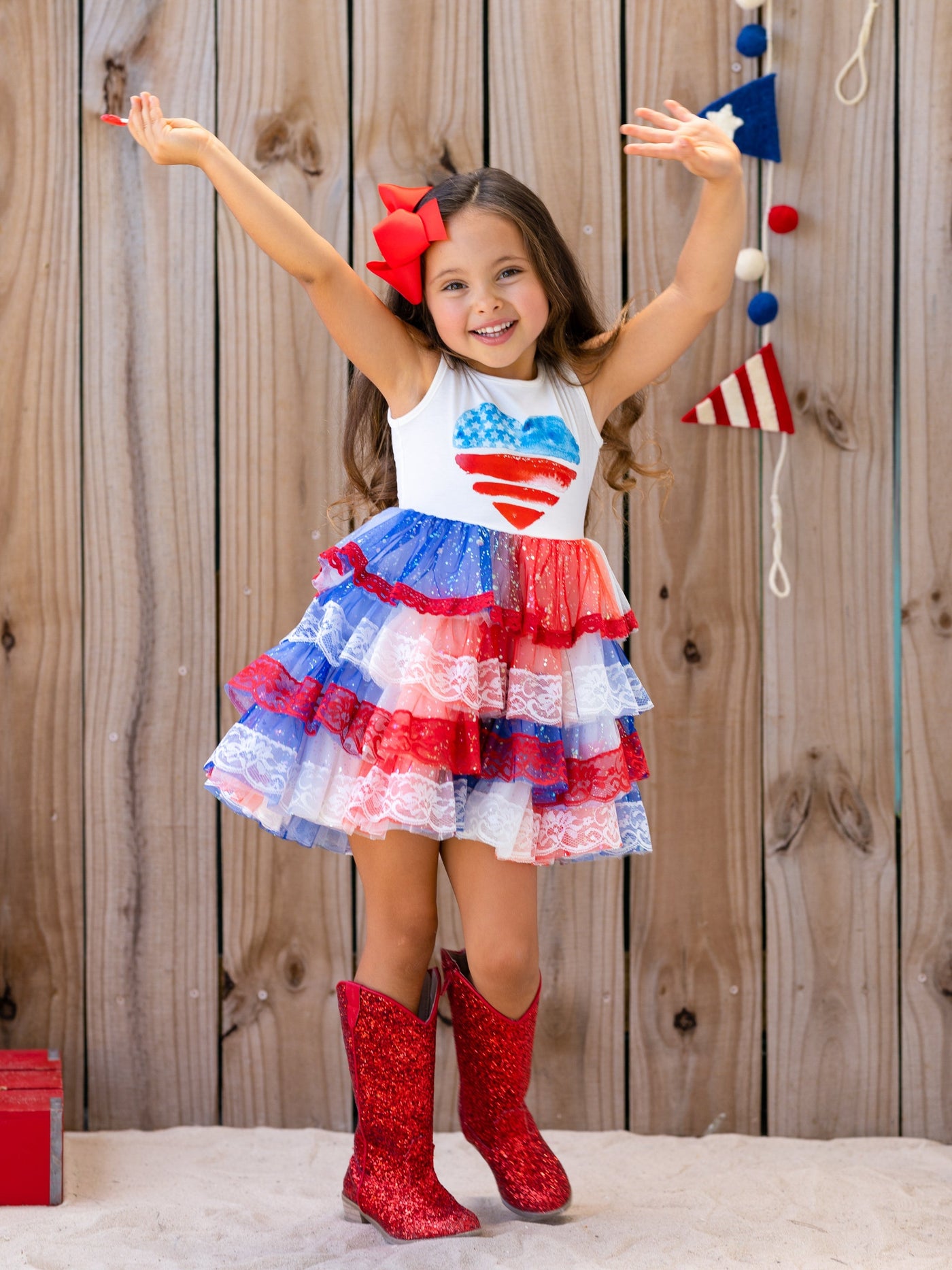 Girls 4th Of July Dresses | USA Heart Lace Tiered Sparkle Tutu Dress