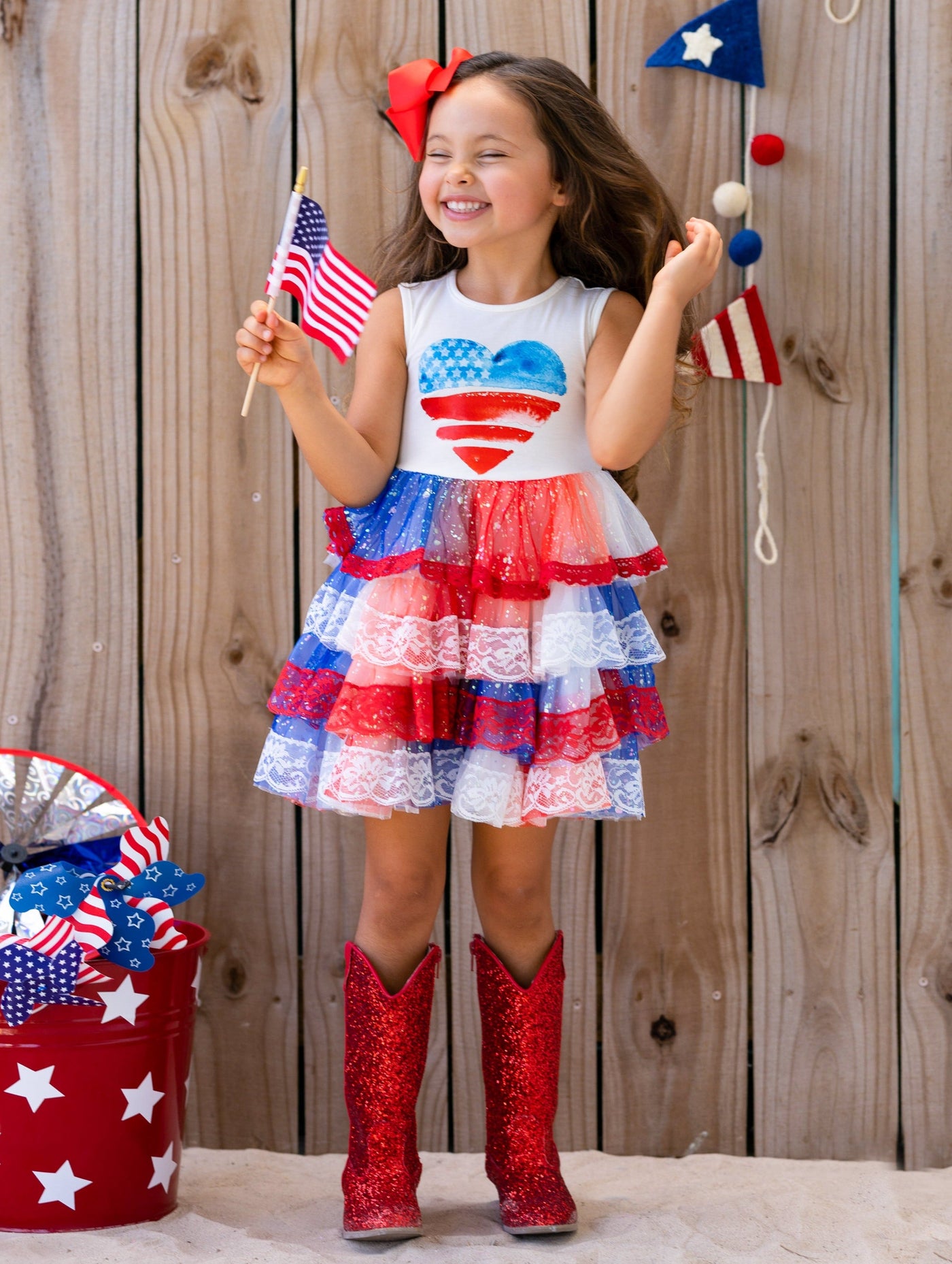 Girls 4th Of July Dresses | USA Heart Lace Tiered Sparkle Tutu Dress