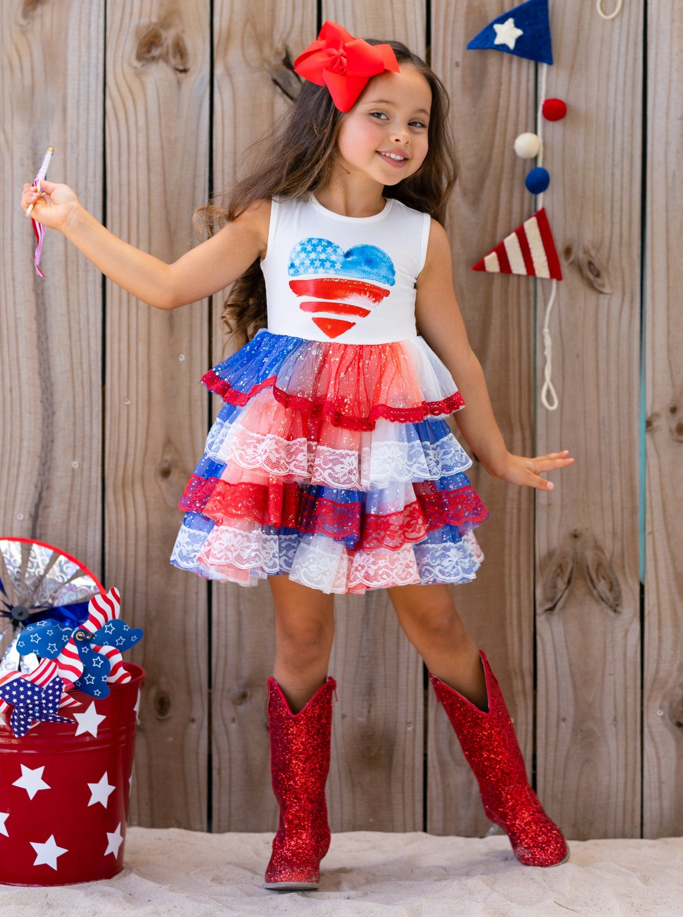Girls 4th Of July Dresses | USA Heart Lace Tiered Sparkle Tutu Dress