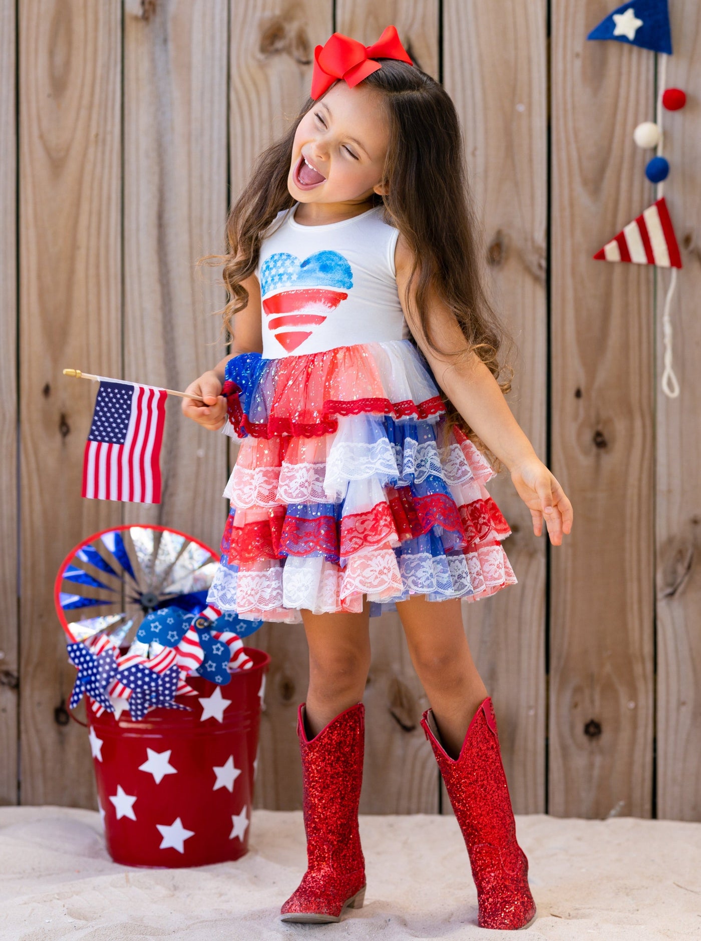 Girls 4th Of July Dresses | USA Heart Lace Tiered Sparkle Tutu Dress