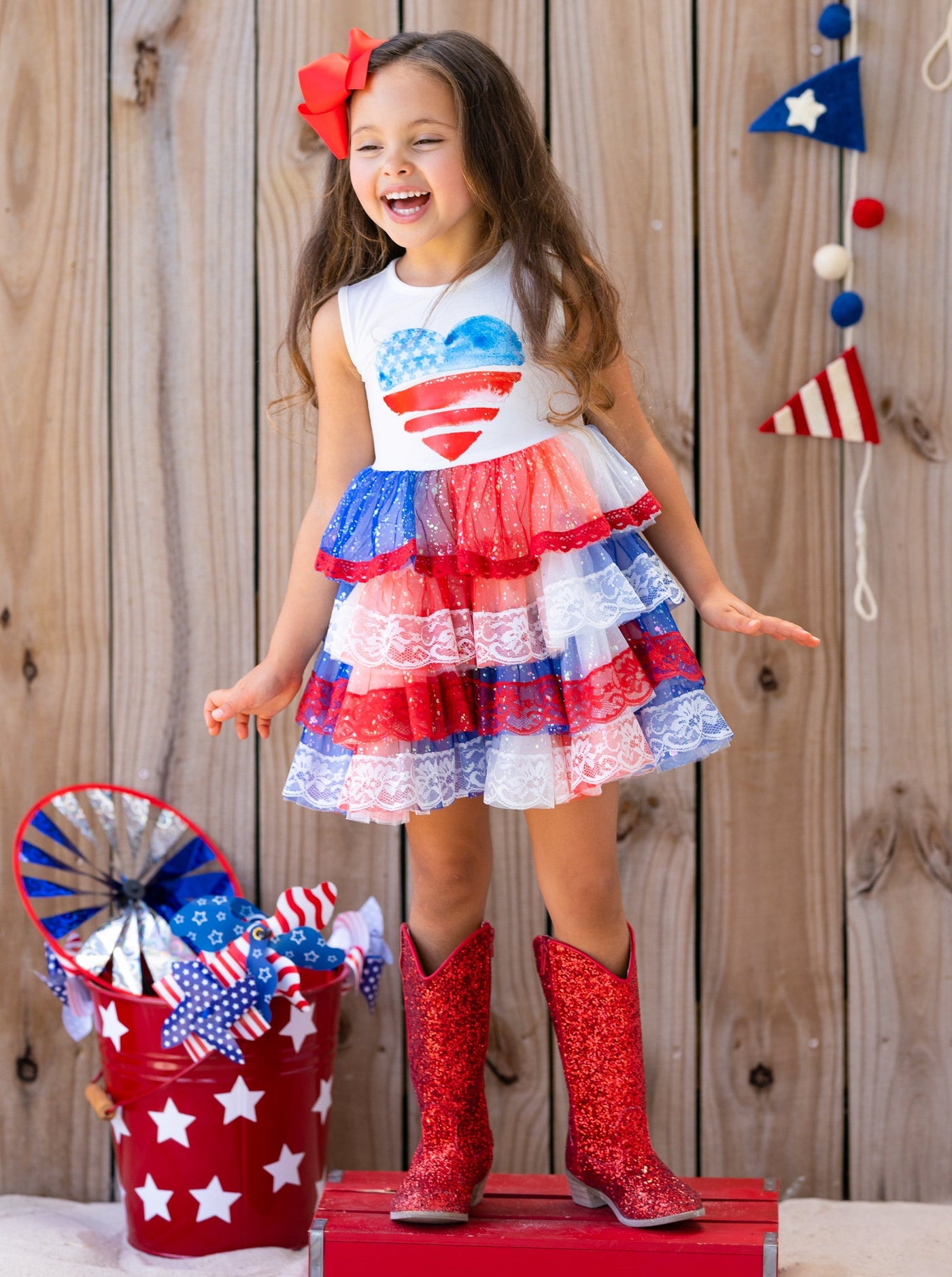 Girls 4th Of July Dresses | USA Heart Lace Tiered Sparkle Tutu Dress