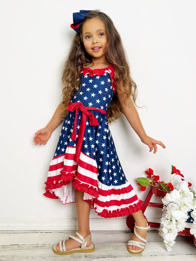 Girls 4th Of July Dresses | American Flag Ruffle Accent Twirl Dress