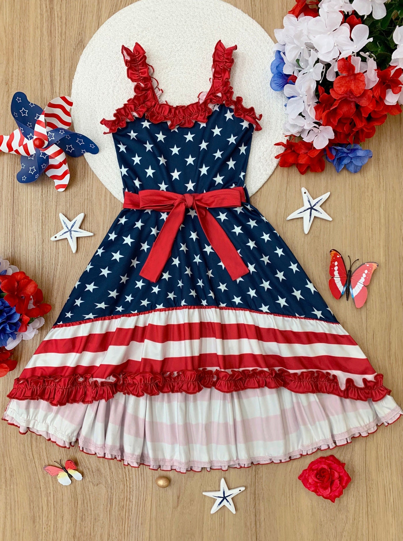Girls 4th Of July Dresses | American Flag Ruffle Accent Twirl Dress
