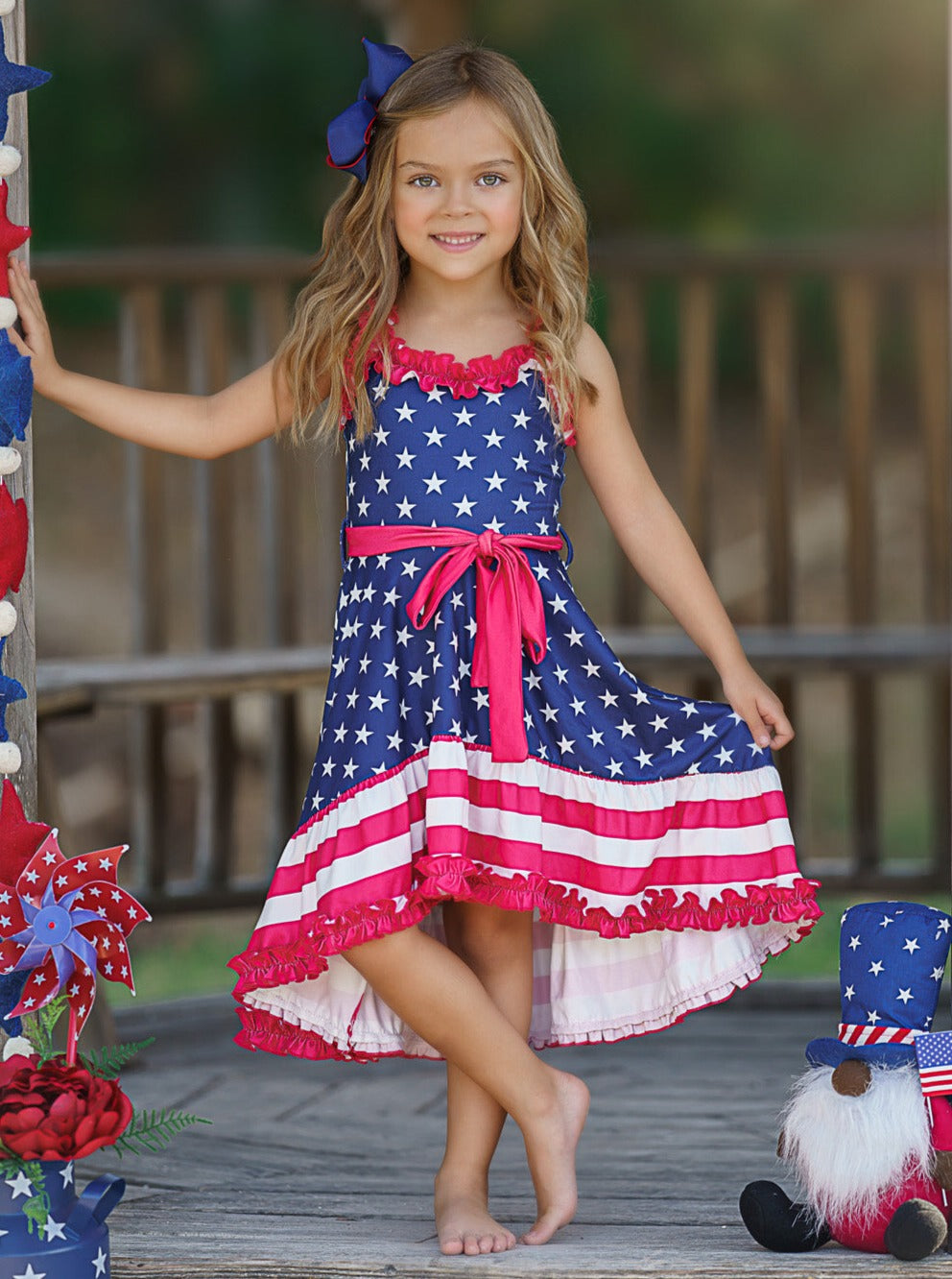 Girls 4th Of July Dresses | American Flag Ruffle Accent Twirl Dress