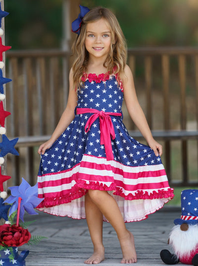 Girls 4th Of July Dresses | American Flag Ruffle Accent Twirl Dress