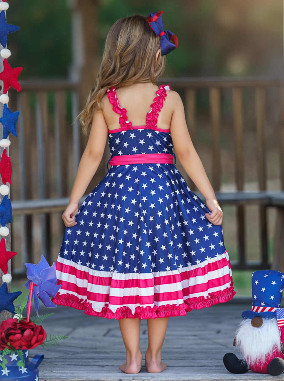 Girls 4th Of July Dresses | American Flag Ruffle Accent Twirl Dress