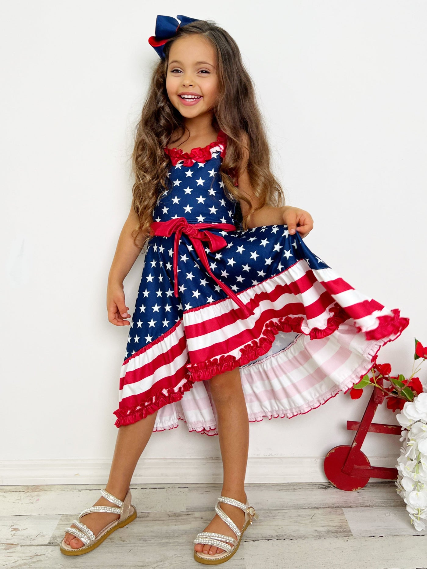 Girls 4th Of July Dresses | American Flag Ruffle Accent Twirl Dress