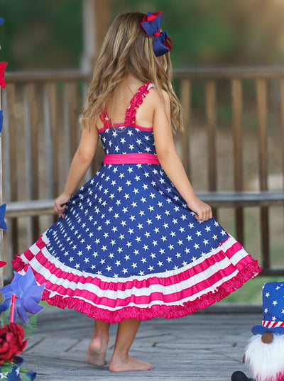 Girls 4th Of July Dresses | American Flag Ruffle Accent Twirl Dress