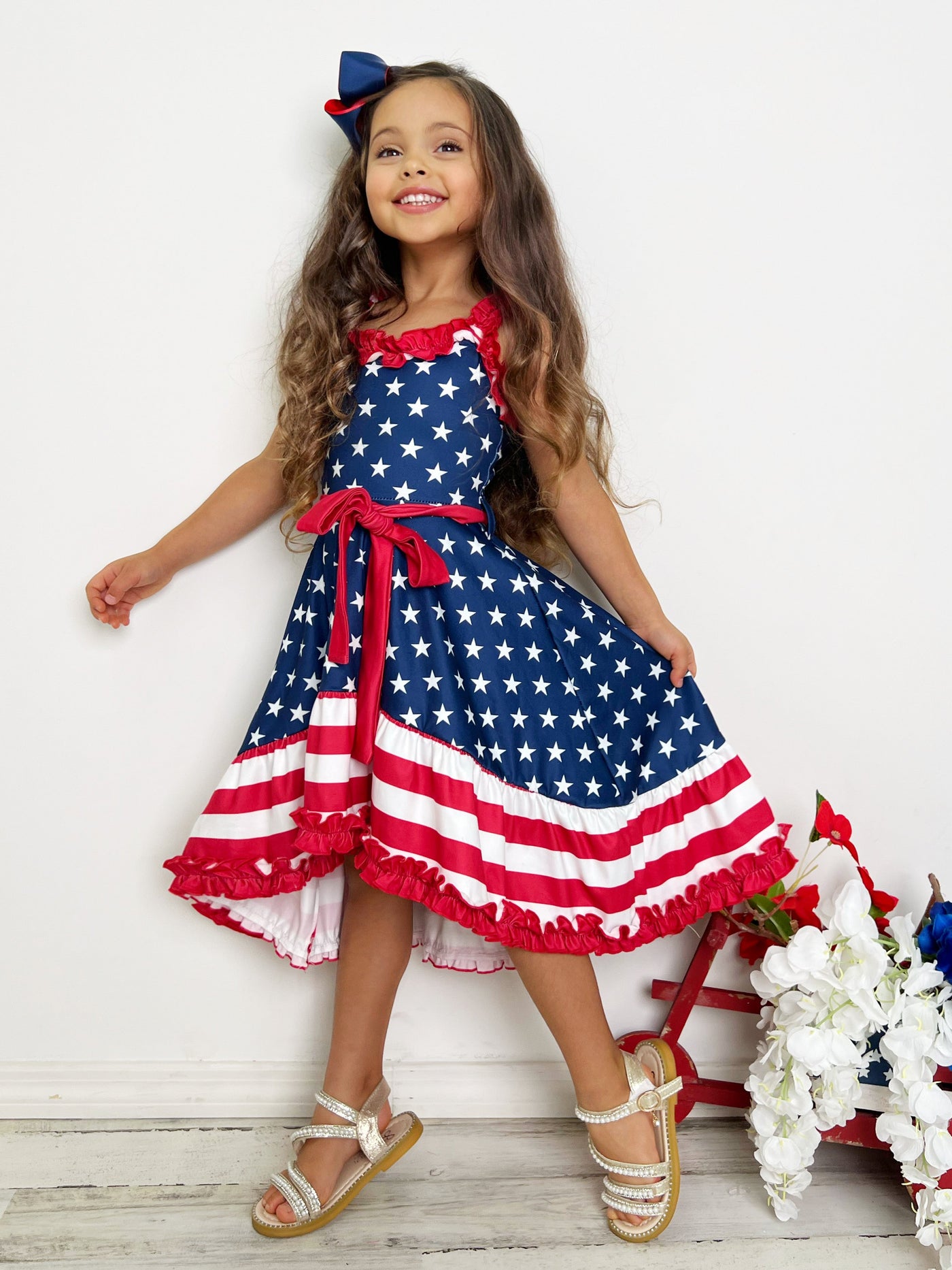 Girls 4th Of July Dresses | American Flag Ruffle Accent Twirl Dress