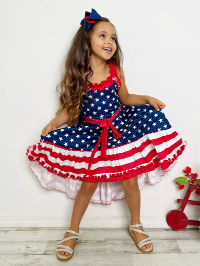 Girls 4th Of July Dresses | American Flag Ruffle Accent Twirl Dress