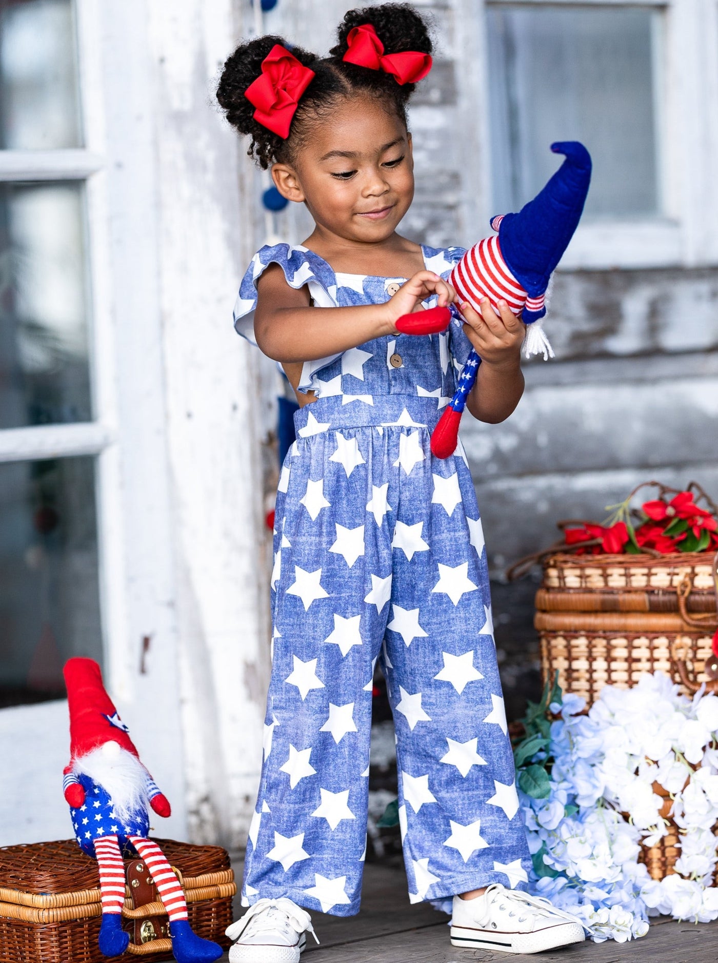 Girls 4th of July Outfits | Ruffle Shoulder Star Print Jumpsuit