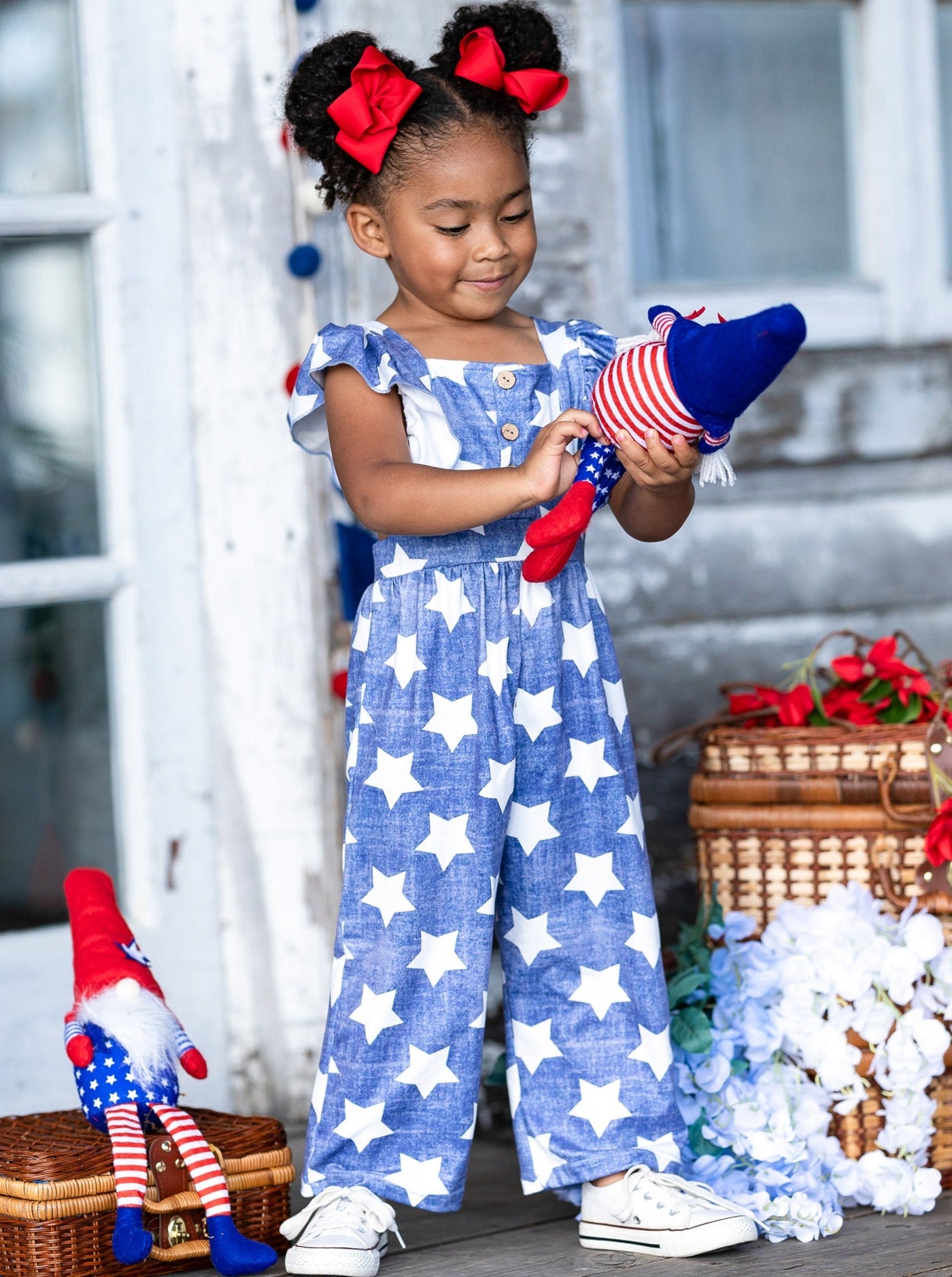 Girls 4th of July Outfits | Ruffle Shoulder Star Print Jumpsuit