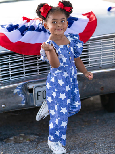 Girls 4th of July Outfits | Ruffle Shoulder Star Print Jumpsuit