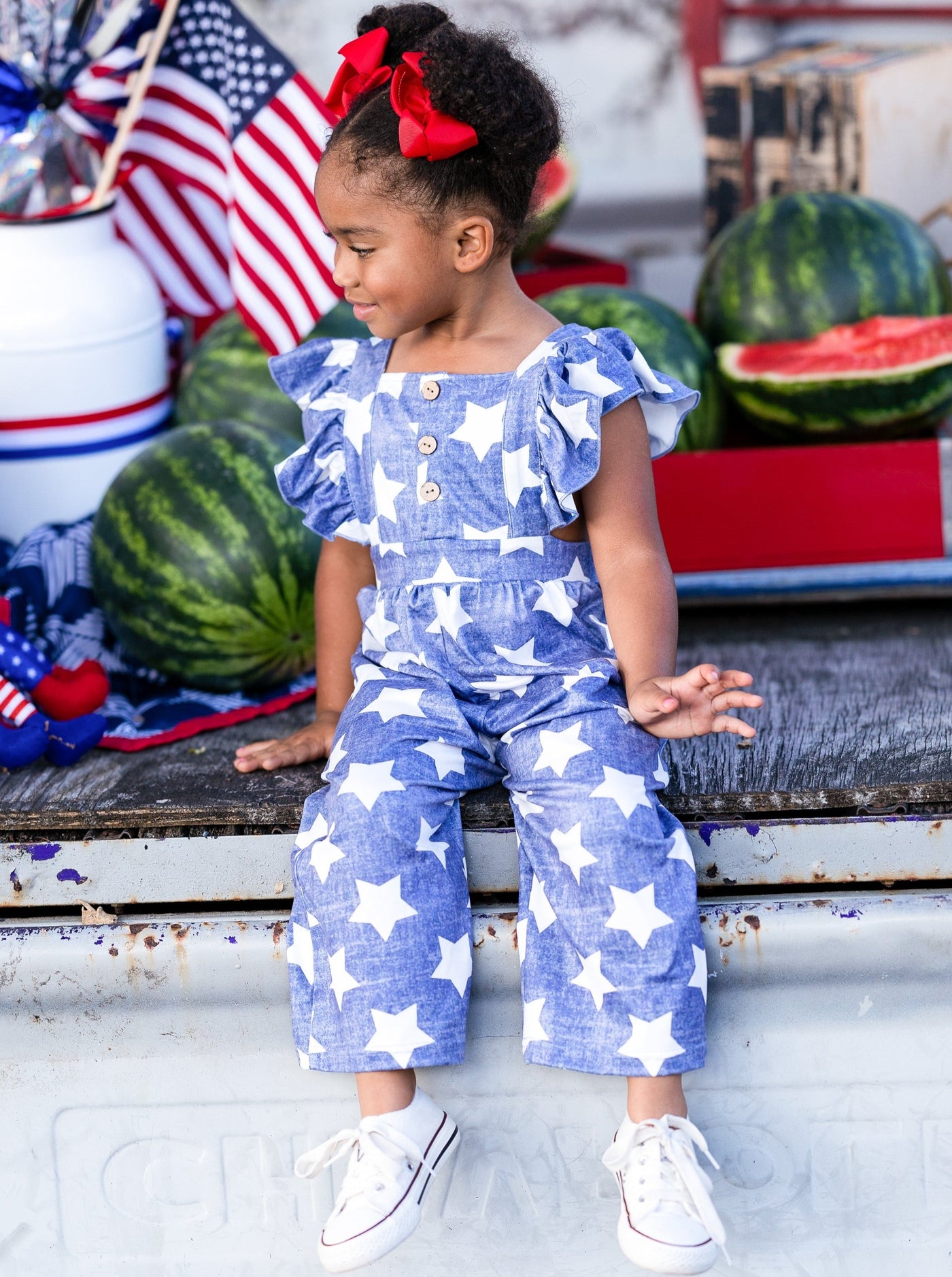 Girls 4th of July Outfits | Ruffle Shoulder Star Print Jumpsuit