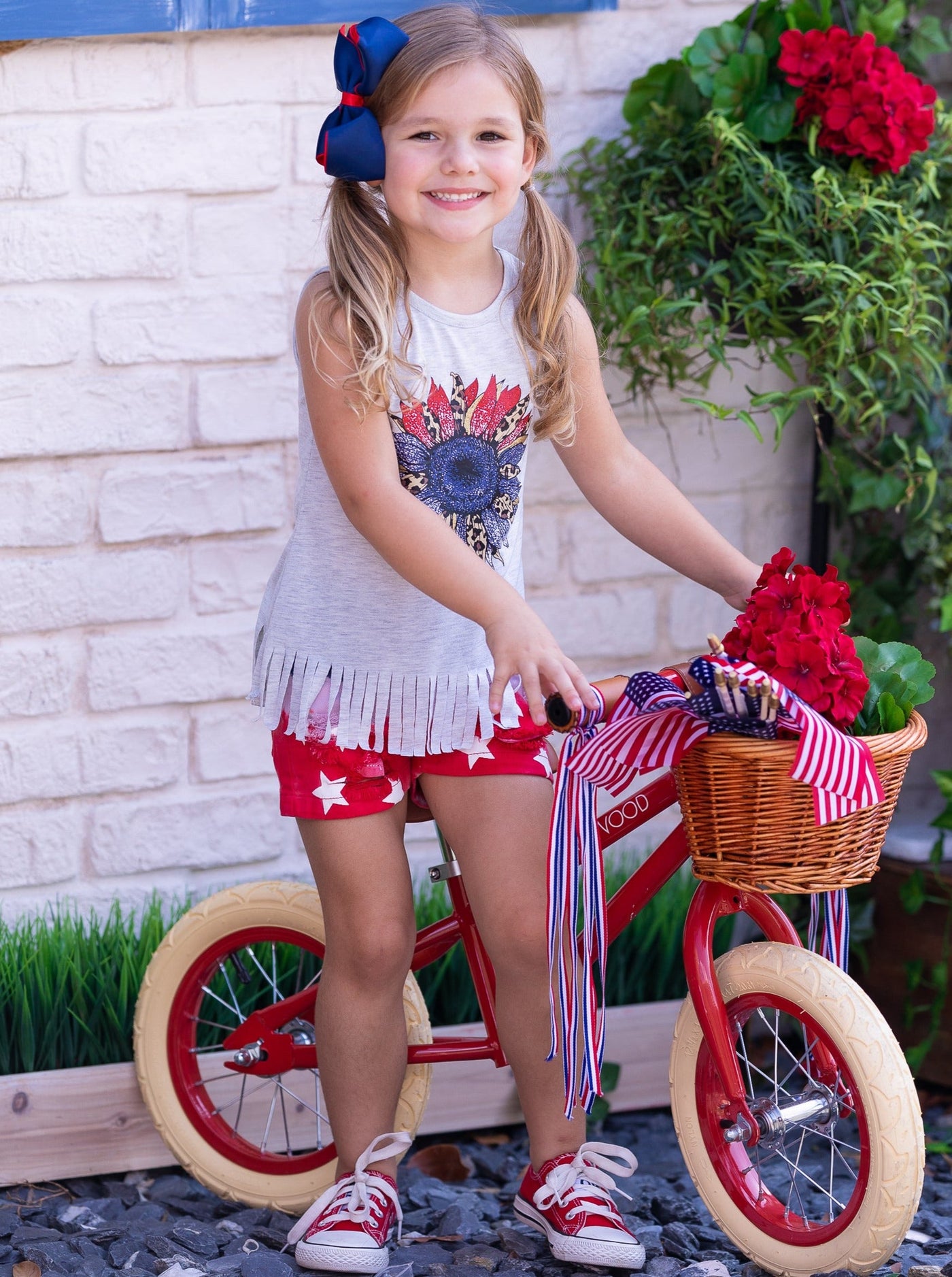 Girls 4th of July Outfits | USA Flower Fringe Top & Denim Shorts