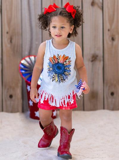 Girls 4th of July Outfits | USA Flower Fringe Top & Denim Shorts