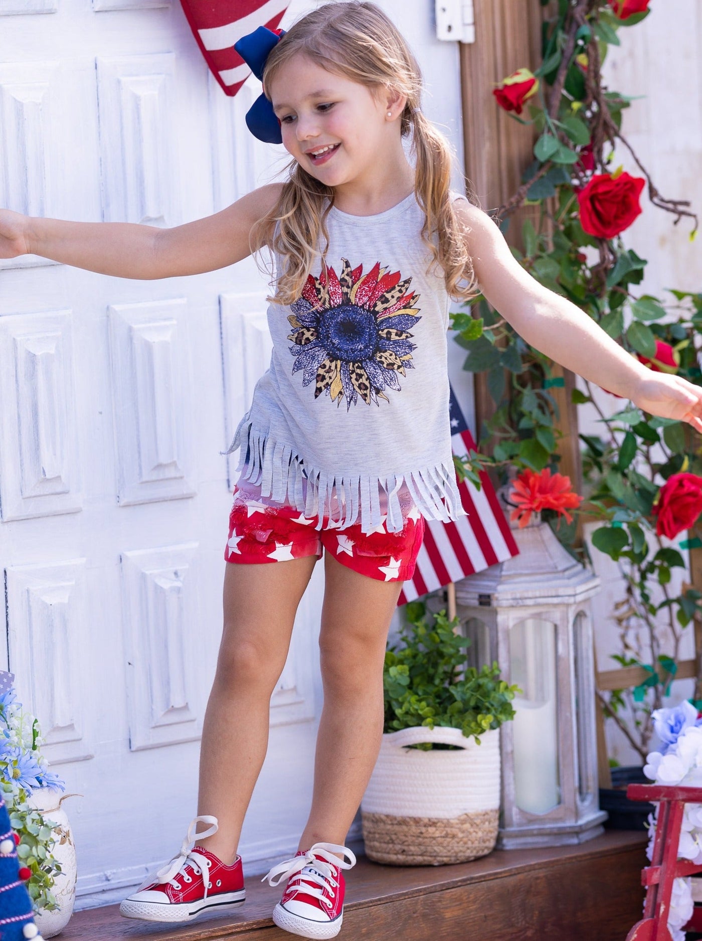 Girls 4th of July Outfits | USA Flower Fringe Top & Denim Shorts