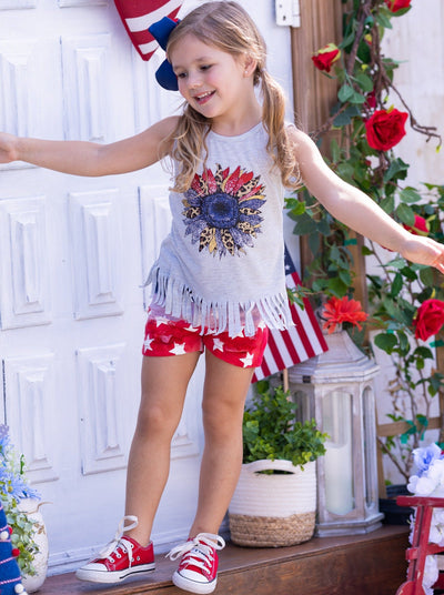 Girls 4th of July Outfits | USA Flower Fringe Top & Denim Shorts