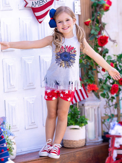 Girls 4th of July Outfits | USA Flower Fringe Top & Denim Shorts