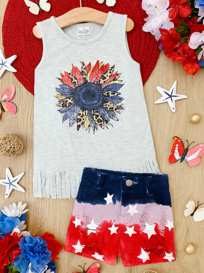 Girls 4th of July Outfits | USA Flower Fringe Top & Denim Shorts