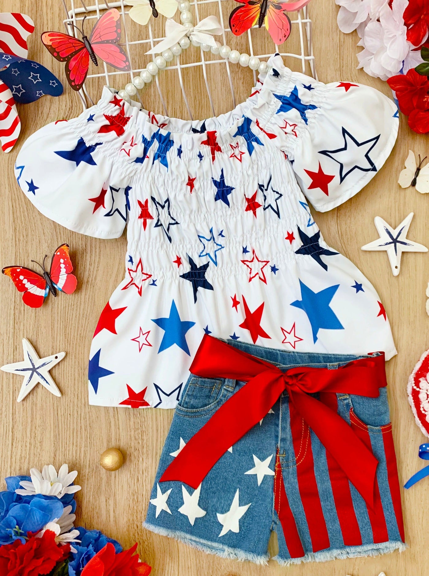 Girls 4th of July Outfits | Star Print Smocked Top & Denim Shorts Set
