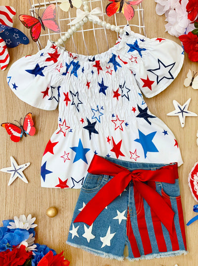 Girls 4th of July Outfits | Star Print Smocked Top & Denim Shorts Set