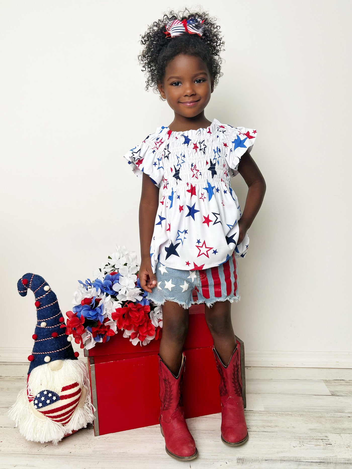 Girls 4th of July Outfits | Star Print Smocked Top & Denim Shorts Set