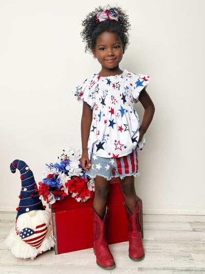 Girls 4th of July Outfits | Star Print Smocked Top & Denim Shorts Set
