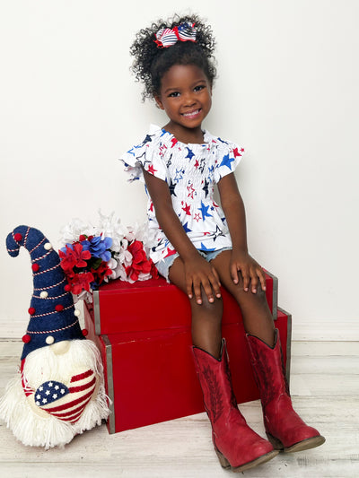Girls 4th of July Outfits | Star Print Smocked Top & Denim Shorts Set