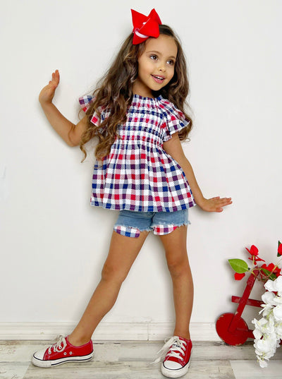 Girls 4th of July Outfits | Plaid Smocked Top & Denim Shorts Set