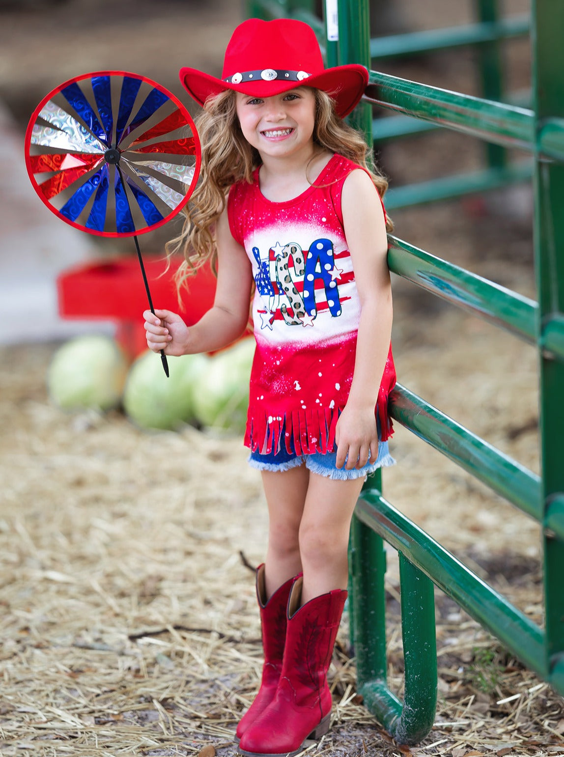 Girls 4th of July Outfits | USA Fringe Top & Sequin Denim Shorts Set