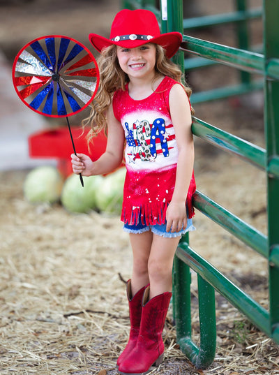 Girls 4th of July Outfits | USA Fringe Top & Sequin Denim Shorts Set