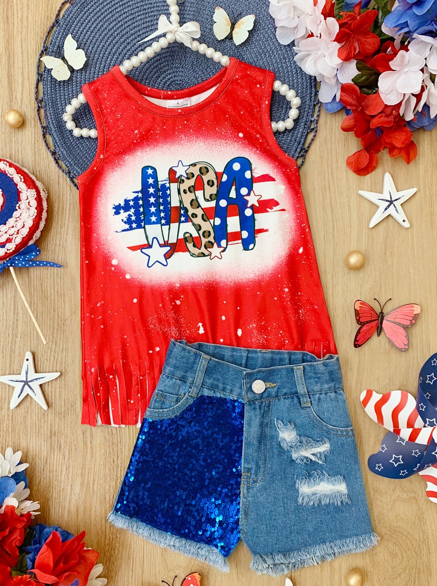 Girls 4th of July Outfits | USA Fringe Top & Sequin Denim Shorts Set