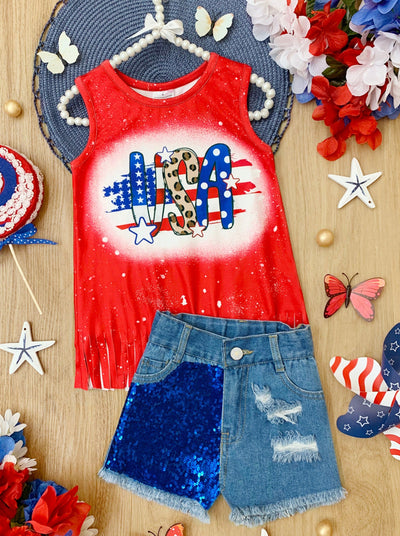 Girls 4th of July Outfits | USA Fringe Top & Sequin Denim Shorts Set