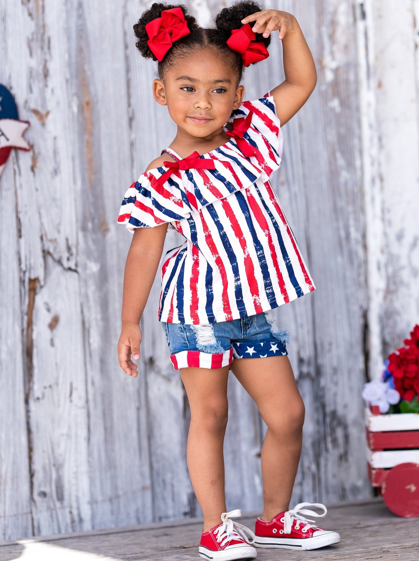 Girls Cold Shoulder Top and Cuffed Denim Shorts Set - Mia Belle Girls