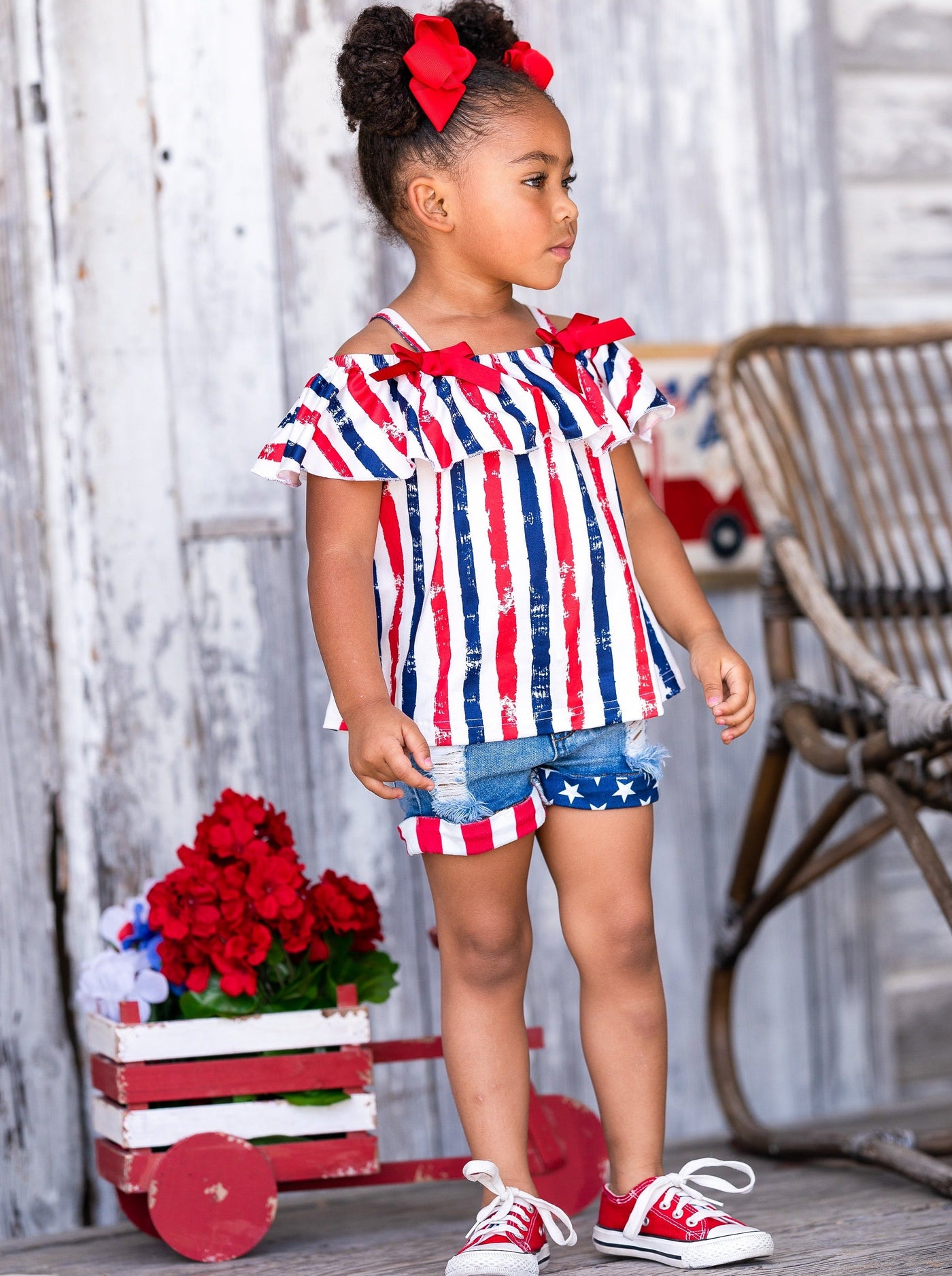 Girls Cold Shoulder Top and Cuffed Denim Shorts Set - Mia Belle Girls